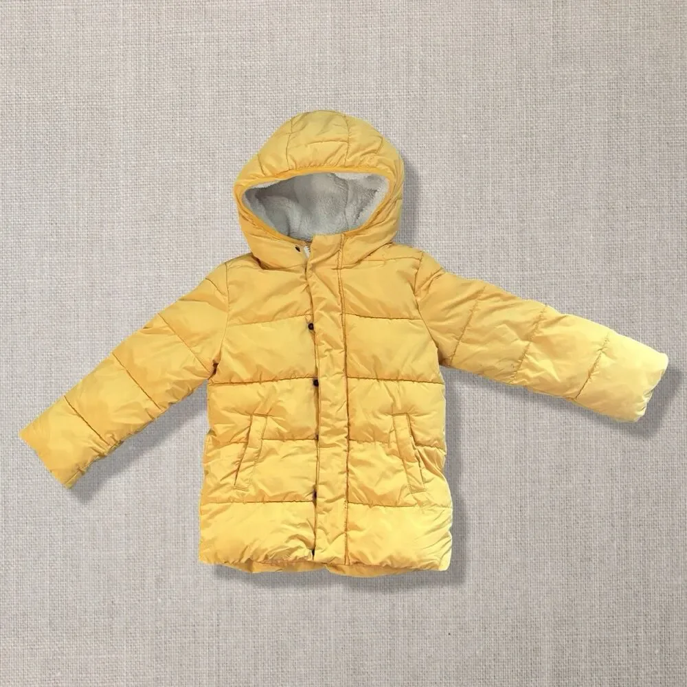 Primary Yellow Hooded Puffer Jacket Sherpa Hood Toddler Size 6-7